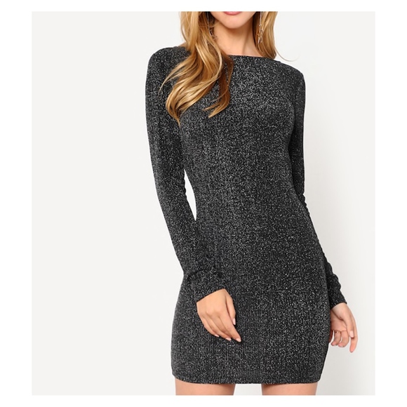 Black Silver Glitter Low Back Bodycon Dress - Picture 2 of 5